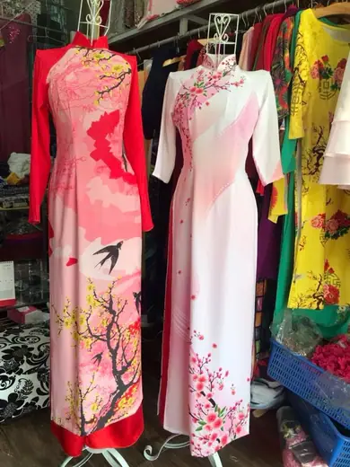 Hai chiếc áo dài hồng và trắng vẽ hoa đào, chim én trên ma-nơ-canh.