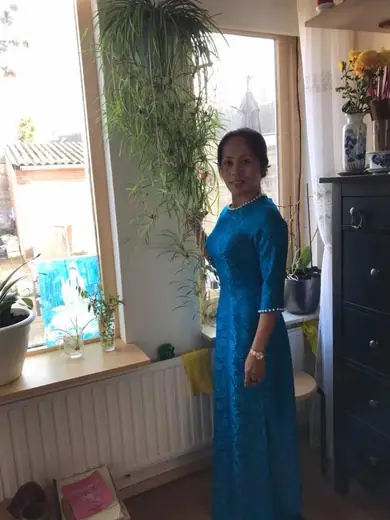 Một phụ nữ mặc áo dài gấm xanh đứng bên cửa sổ có chậu cây.