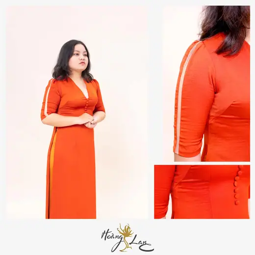 Ảnh ghép: một phụ nữ mặc áo dài cam và các ảnh cận cảnh tay áo, hàng nút; có logo tiệm.