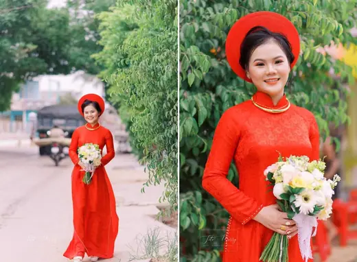 Ảnh ghép: cô dâu mặc áo dài đỏ ôm hoa, toàn thân và chân dung.
